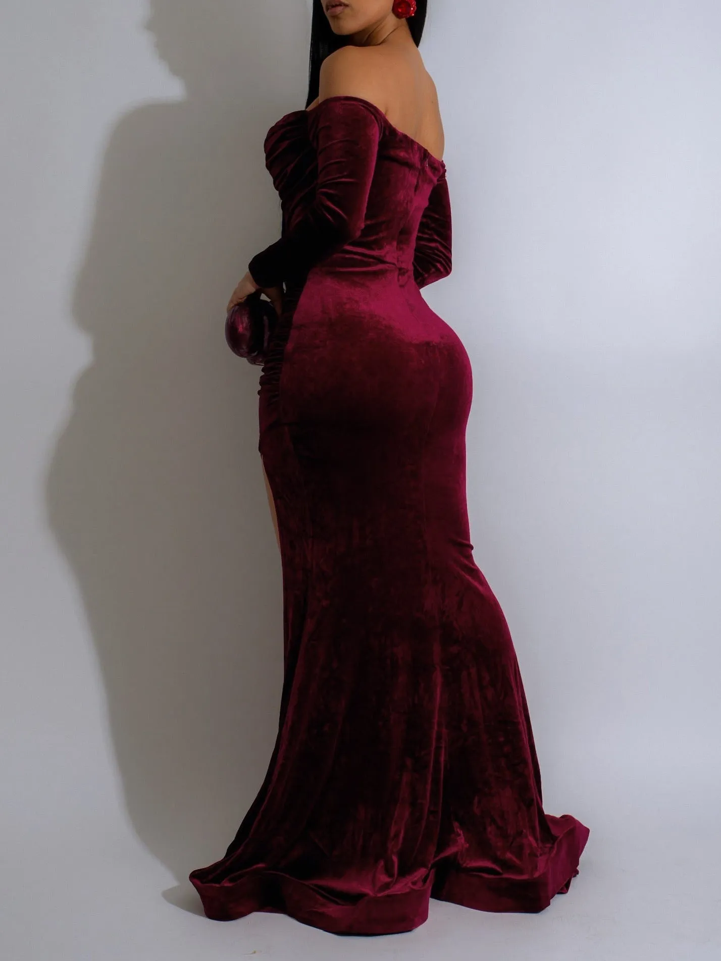 Elegant Allure Off-Shoulder Long Sleeve Velvet Evening Gown