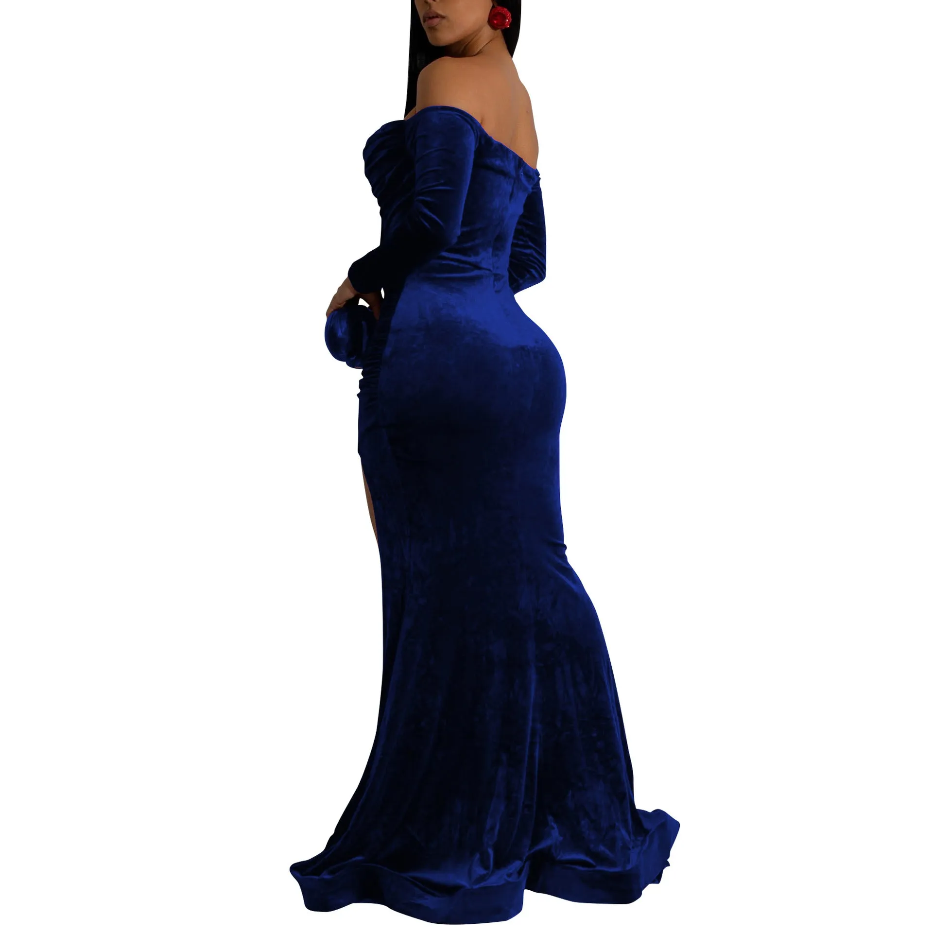 Elegant Allure Off-Shoulder Long Sleeve Velvet Evening Gown