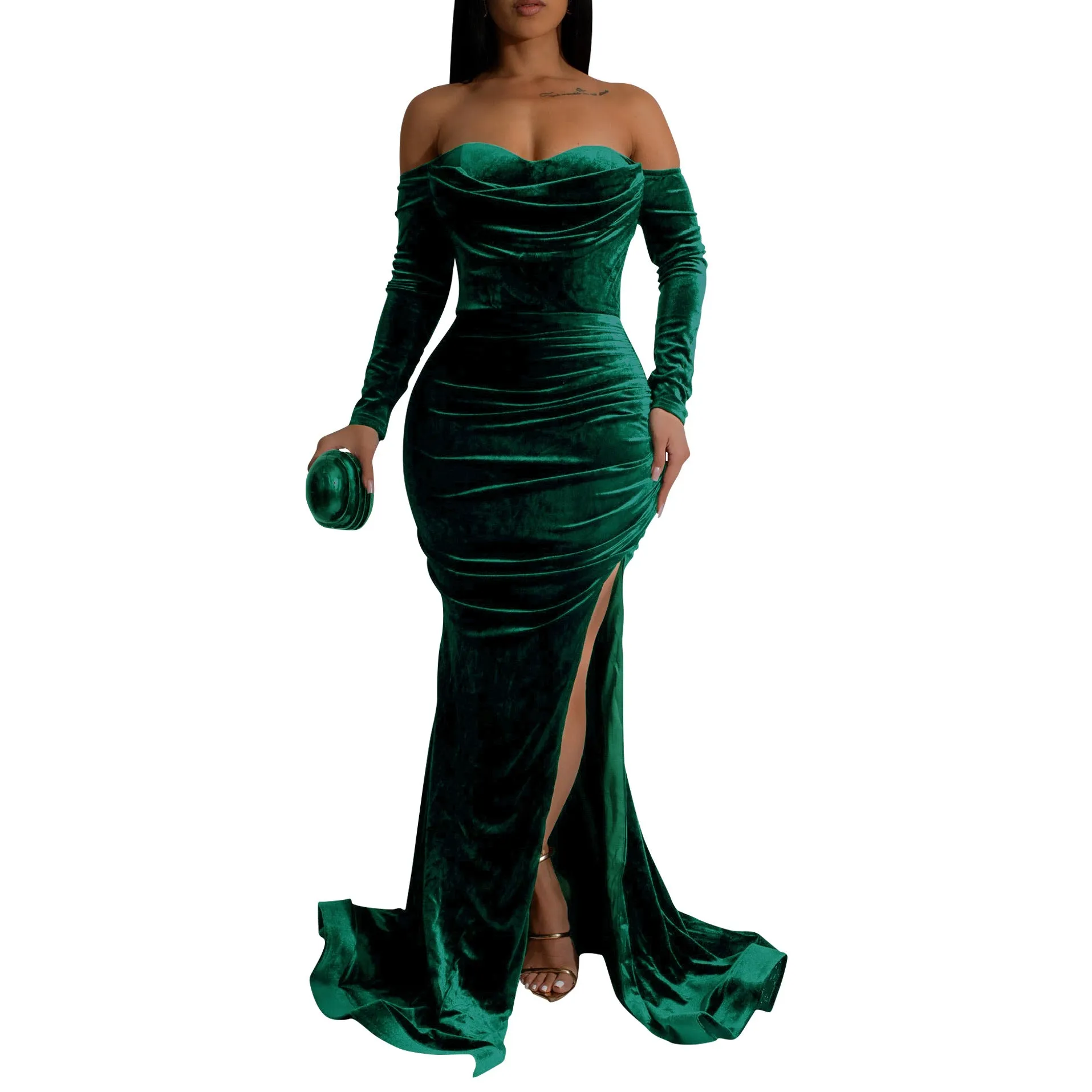 Elegant Allure Off-Shoulder Long Sleeve Velvet Evening Gown