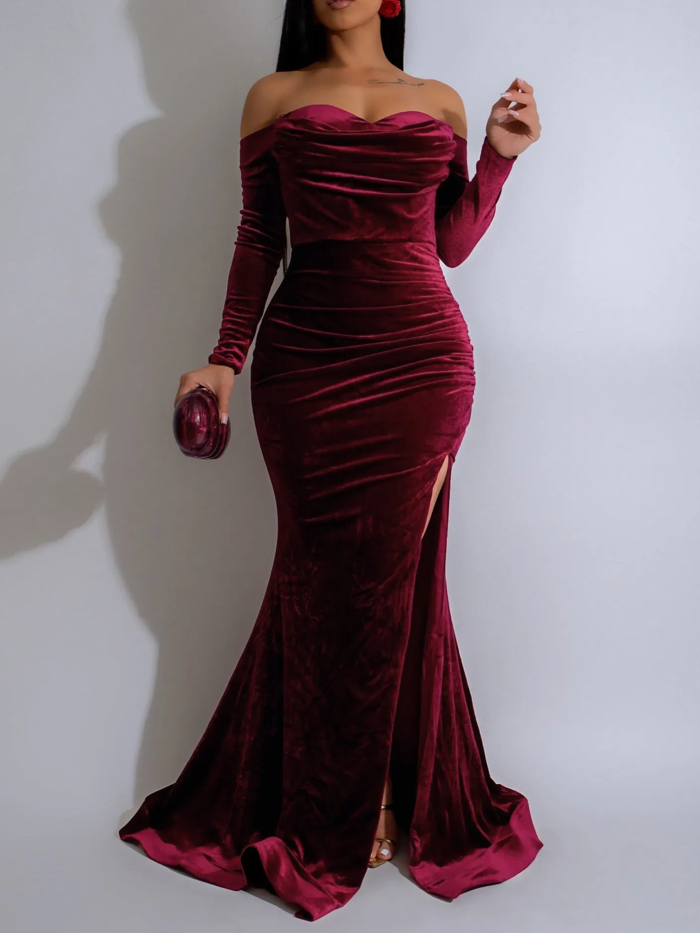Elegant Allure Off-Shoulder Long Sleeve Velvet Evening Gown