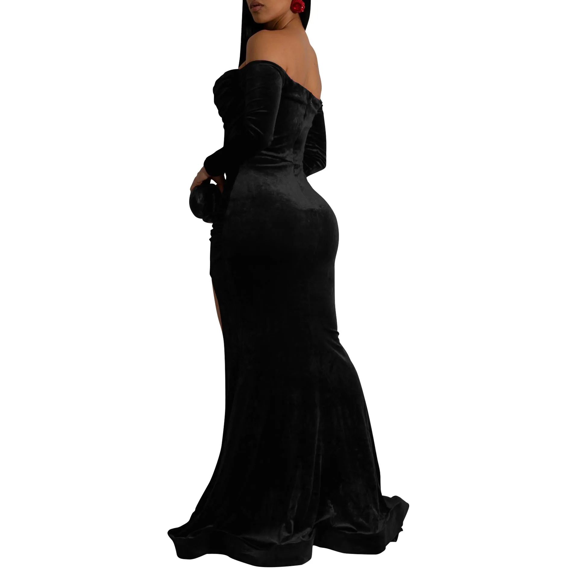 Elegant Allure Off-Shoulder Long Sleeve Velvet Evening Gown