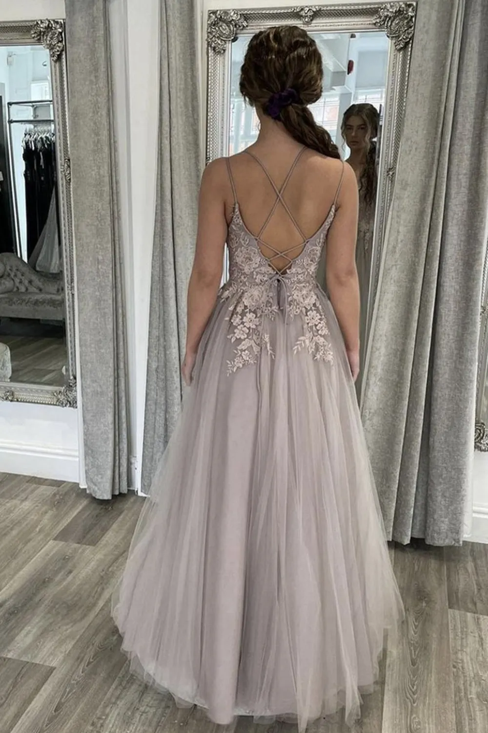 Elegant Backless Gray Lace Long Prom Dress with Thin Straps, Open Back Gray Formal Dress, Gray Lace Evening Dress