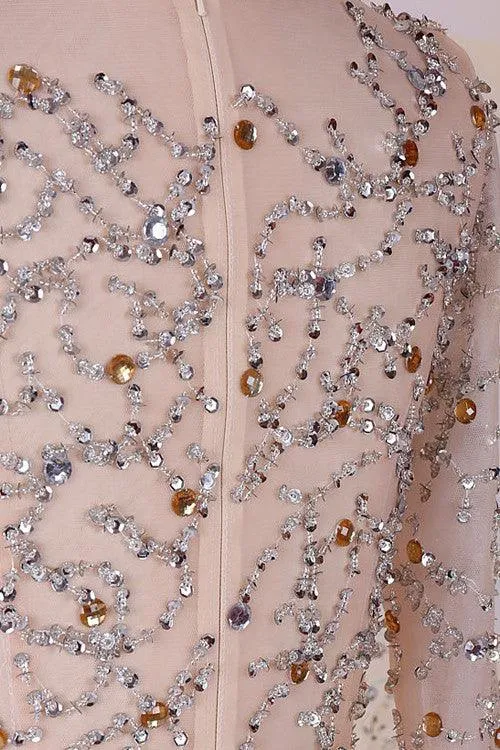 Elegant Cowl Sweep Train Chiffon Blush Long Prom Dress With Long Sleeves TP0029