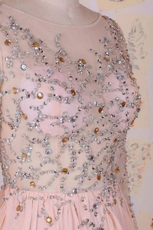Elegant Cowl Sweep Train Chiffon Blush Long Prom Dress With Long Sleeves TP0029