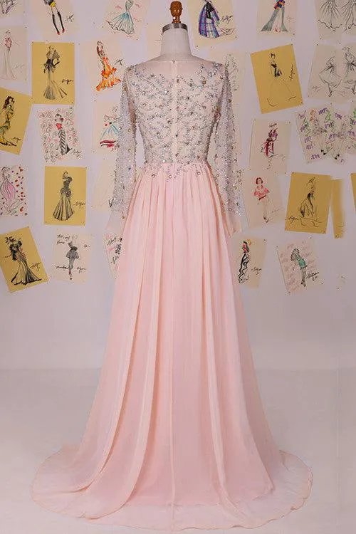Elegant Cowl Sweep Train Chiffon Blush Long Prom Dress With Long Sleeves TP0029