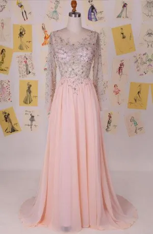 Elegant Cowl Sweep Train Chiffon Blush Long Prom Dress With Long Sleeves TP0029