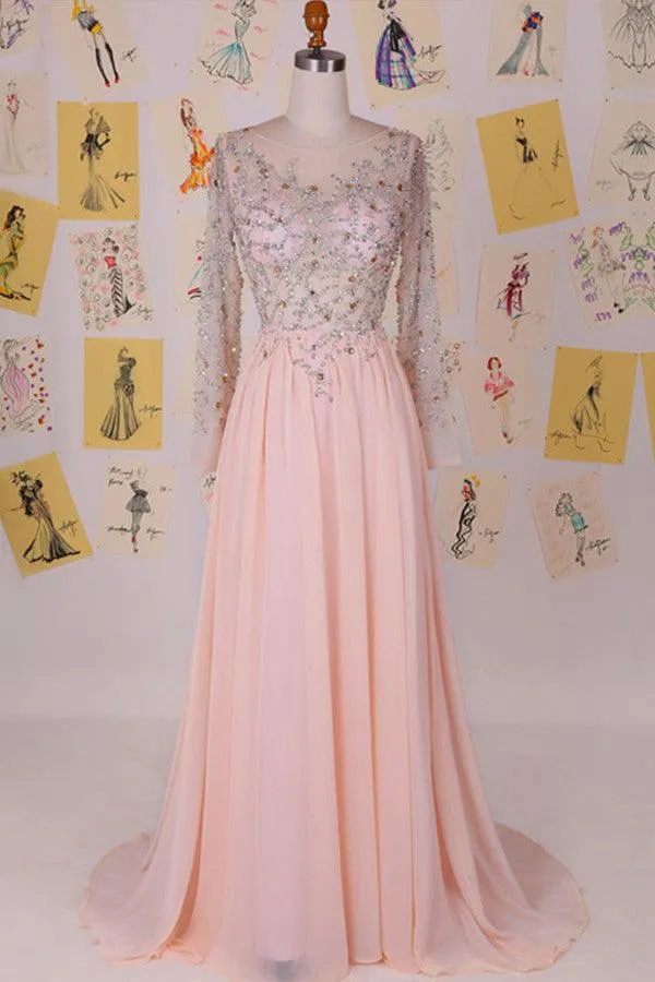 Elegant Cowl Sweep Train Chiffon Blush Long Prom Dress With Long Sleeves TP0029