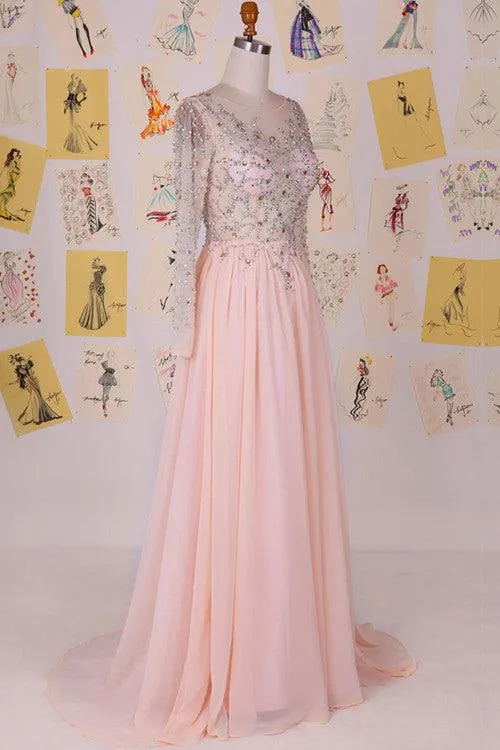 Elegant Cowl Sweep Train Chiffon Blush Long Prom Dress With Long Sleeves TP0029