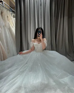 Elegant Glitter Lace Wedding Dresses Sweetheart A-Line Shiny Off Shoulder Bridal Gowns Backless Sparkly Bride Dress