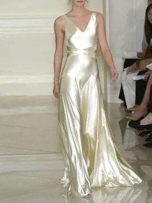 Elegant Ivory V Neck A-Line Satin Long Party Dresses Evening Dresses, D877