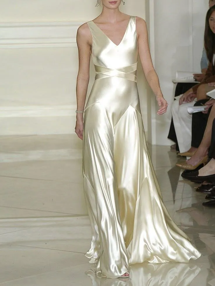 Elegant Ivory V Neck A-Line Satin Long Party Dresses Evening Dresses, D877