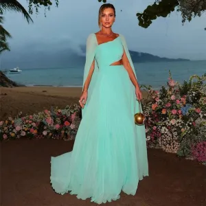 Elegant Mint Green Chiffon Prom Dress A-Line Long Cape Sleeves Floor Length Formal Evening Dress Women Party Gowns