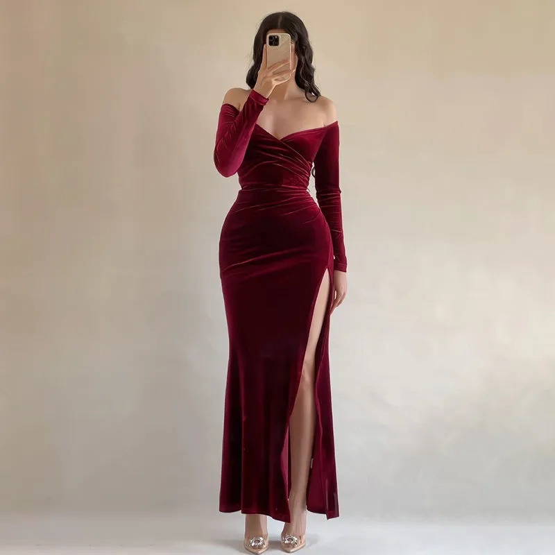 Elegant Off-Shoulder Velvet Evening Dress with High Slit
