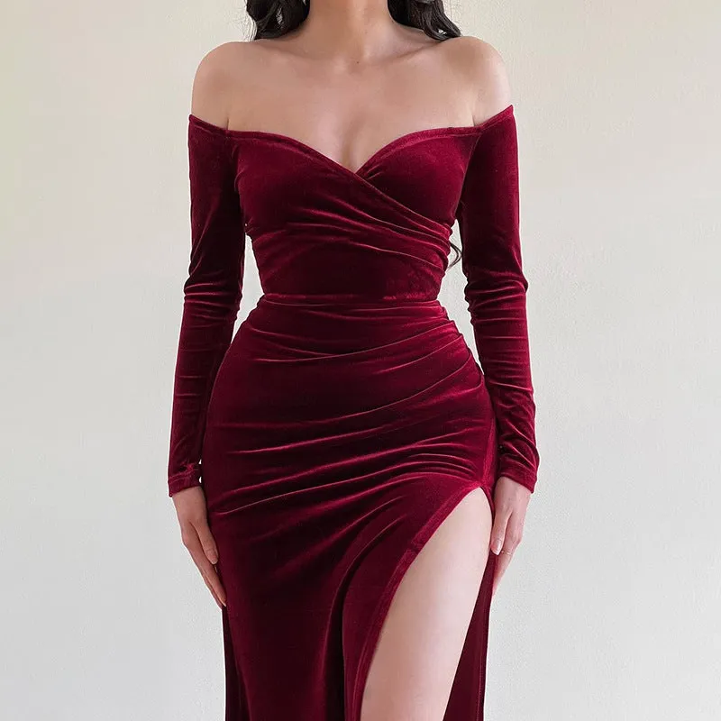Elegant Off-Shoulder Velvet Evening Dress with High Slit