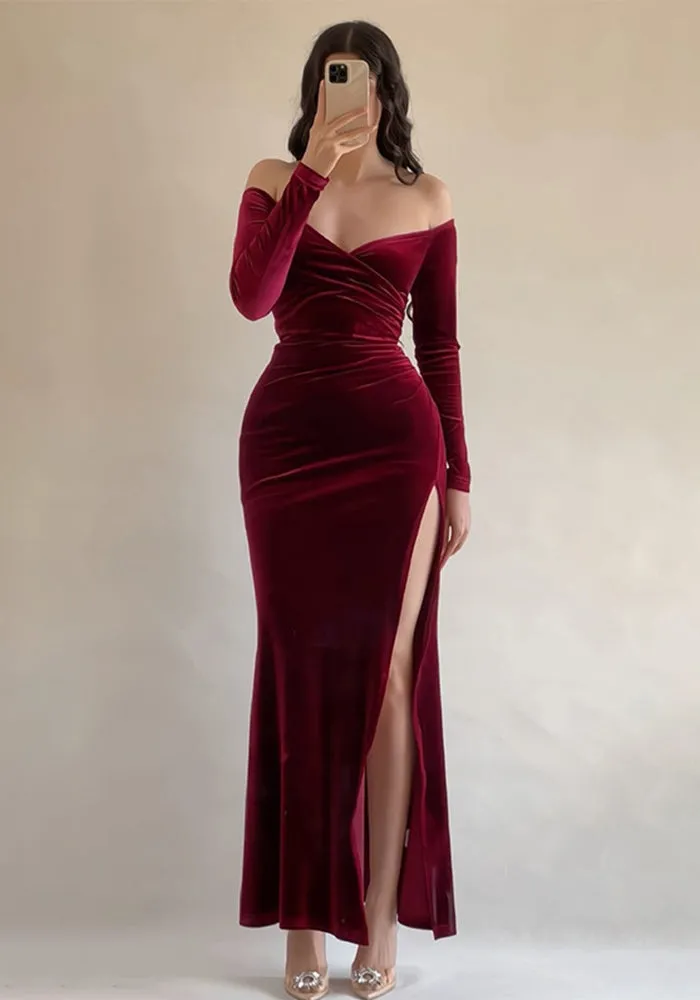Elegant Off-Shoulder Velvet Evening Dress with High Slit