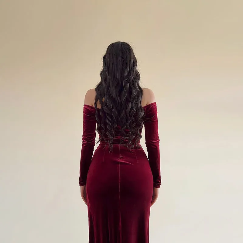 Elegant Off-Shoulder Velvet Evening Dress with High Slit