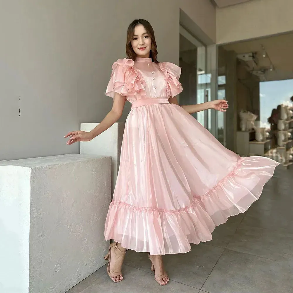 Elegant Pink Evening Dresses A-Line Puff Sleeves Prom Dresses Ankle Length Formal Prom Gowns Button Graduation Dress