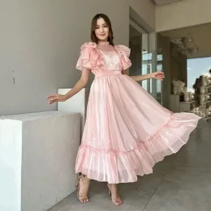Elegant Pink Evening Dresses A-Line Puff Sleeves Prom Dresses Ankle Length Formal Prom Gowns Button Graduation Dress