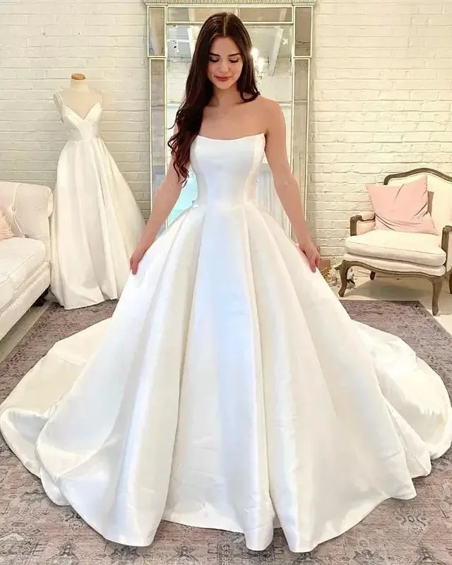 Elegant Satin Wedding Dresses Detachable Shoulder Siple Brdail Gowns Strapless robe de mariée Ivory Plus Size Marriage Outfits
