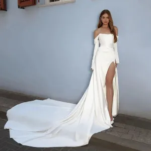 Elegant Side Split Wedding Dresses Off The Shoulder Mermaid Bridal Gowns Satin Bride Dress Robe De Mariéé Court Train