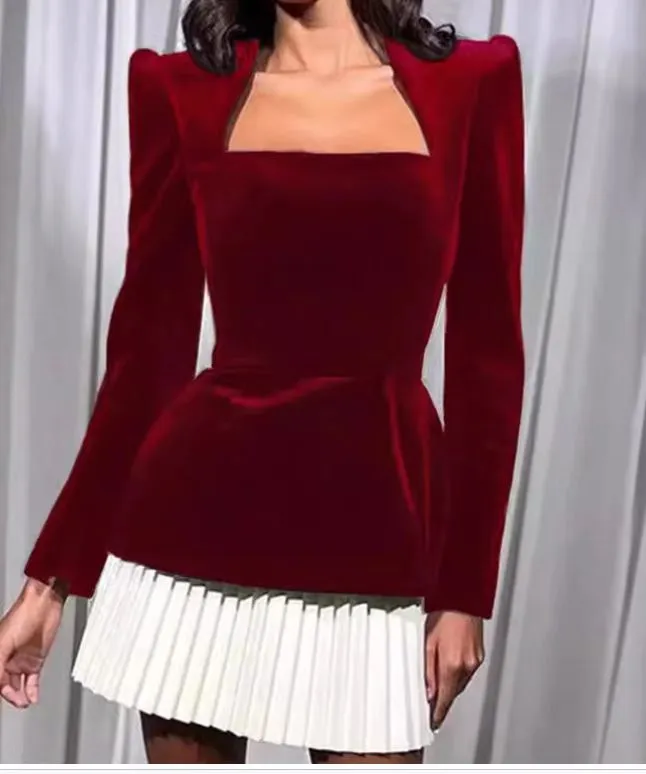 Elegant Square-Neck Velvet and Pleated Contrast Mini Dress