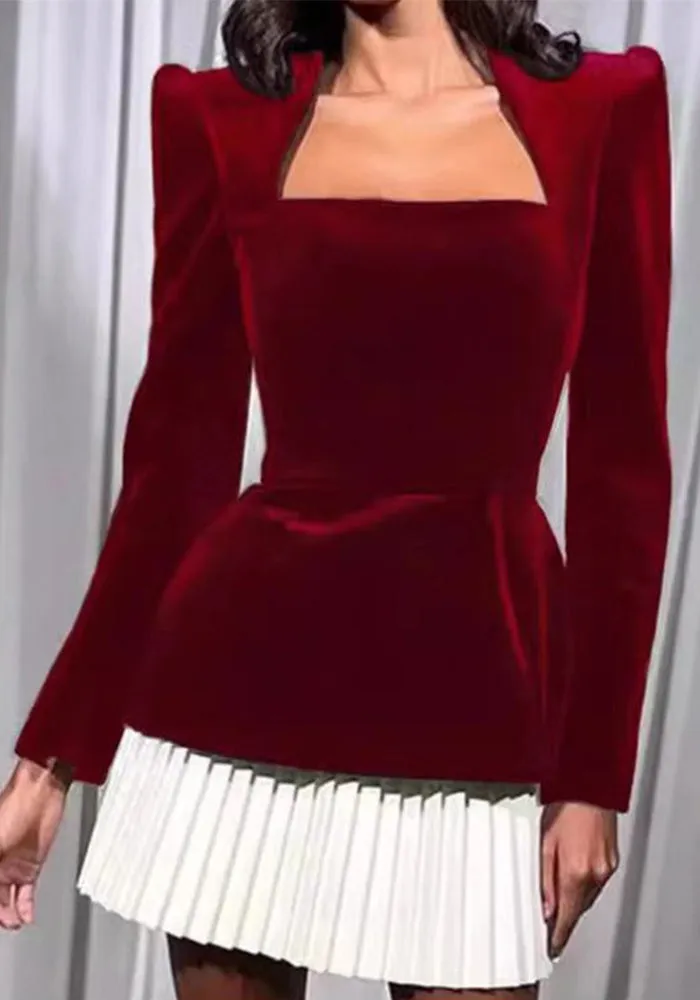 Elegant Square-Neck Velvet and Pleated Contrast Mini Dress