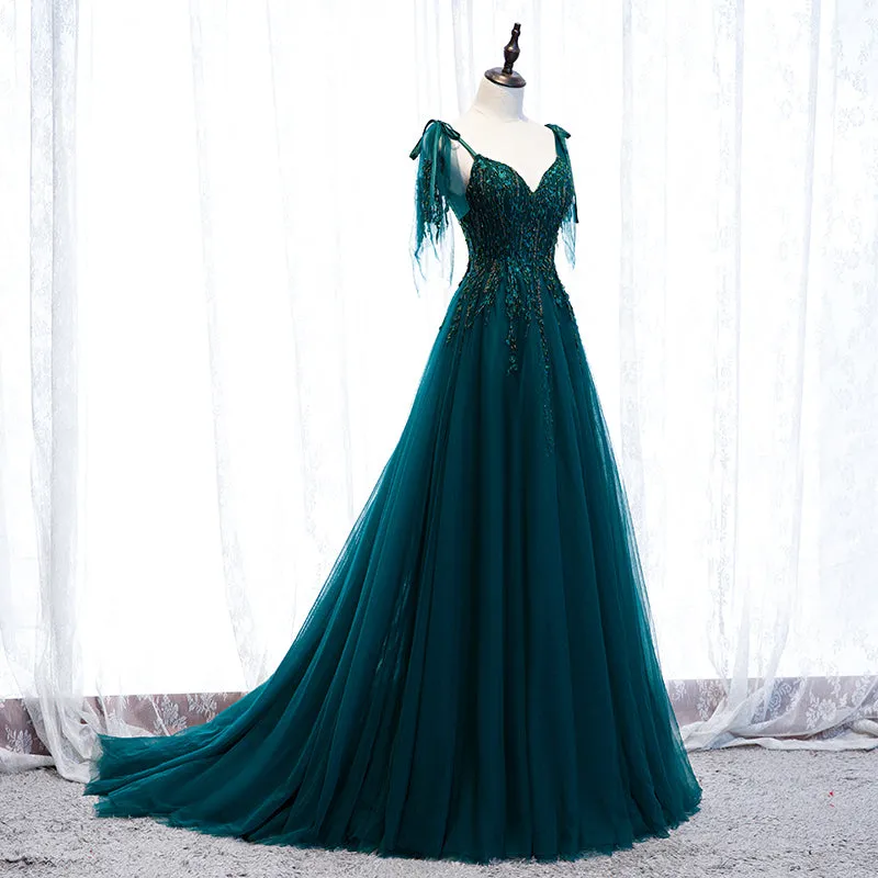 Elegant Teal Blue Tulle V-neckline Beaded Lace Long Prom Dress, A-line Blue Formal Dresses
