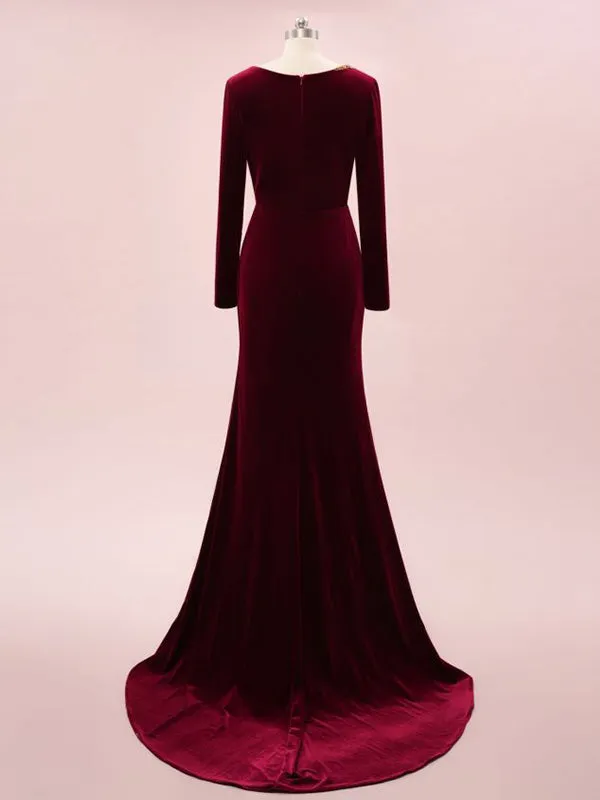 Elegant V-neck Full Sleeve Mermaid Velvet Long Prom Dresses With Trailing For Party Online, OL328