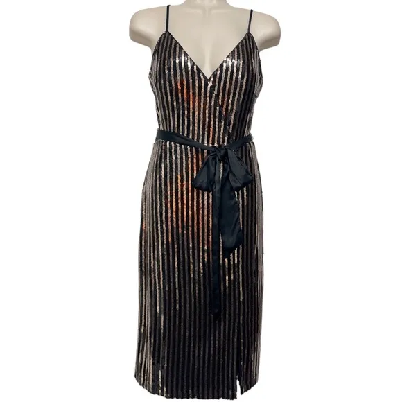 ELIZA J Sequin Stripe Faux Wrap Cocktail Dress, Size 4