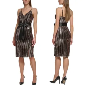 ELIZA J Sequin Stripe Faux Wrap Cocktail Dress, Size 4