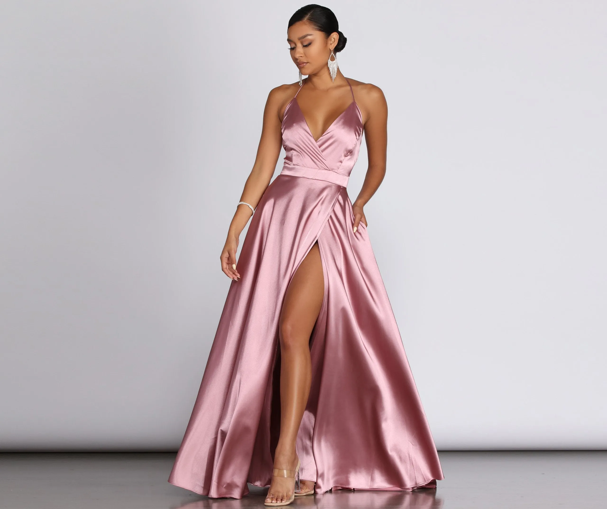 Ellie Formal Satin Charming High Slit Dress