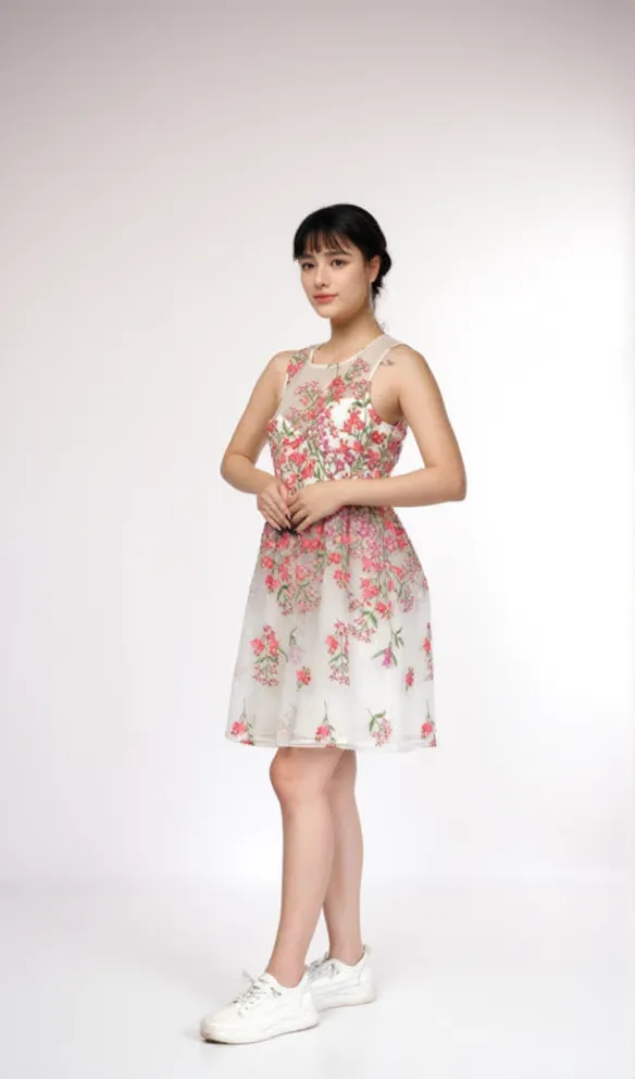 Embroidered Floral white Flare mini Dress