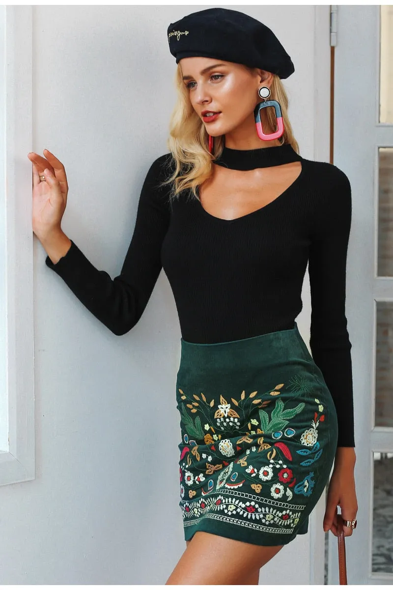 Embroidered Tribal miini skirt - Dark Green