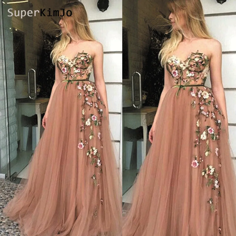 embroidery applique champagne prom dresses 2020 long tulle elegant prom gown robe de soiree