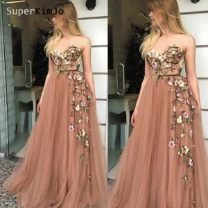 embroidery applique champagne prom dresses 2020 long tulle elegant prom gown robe de soiree