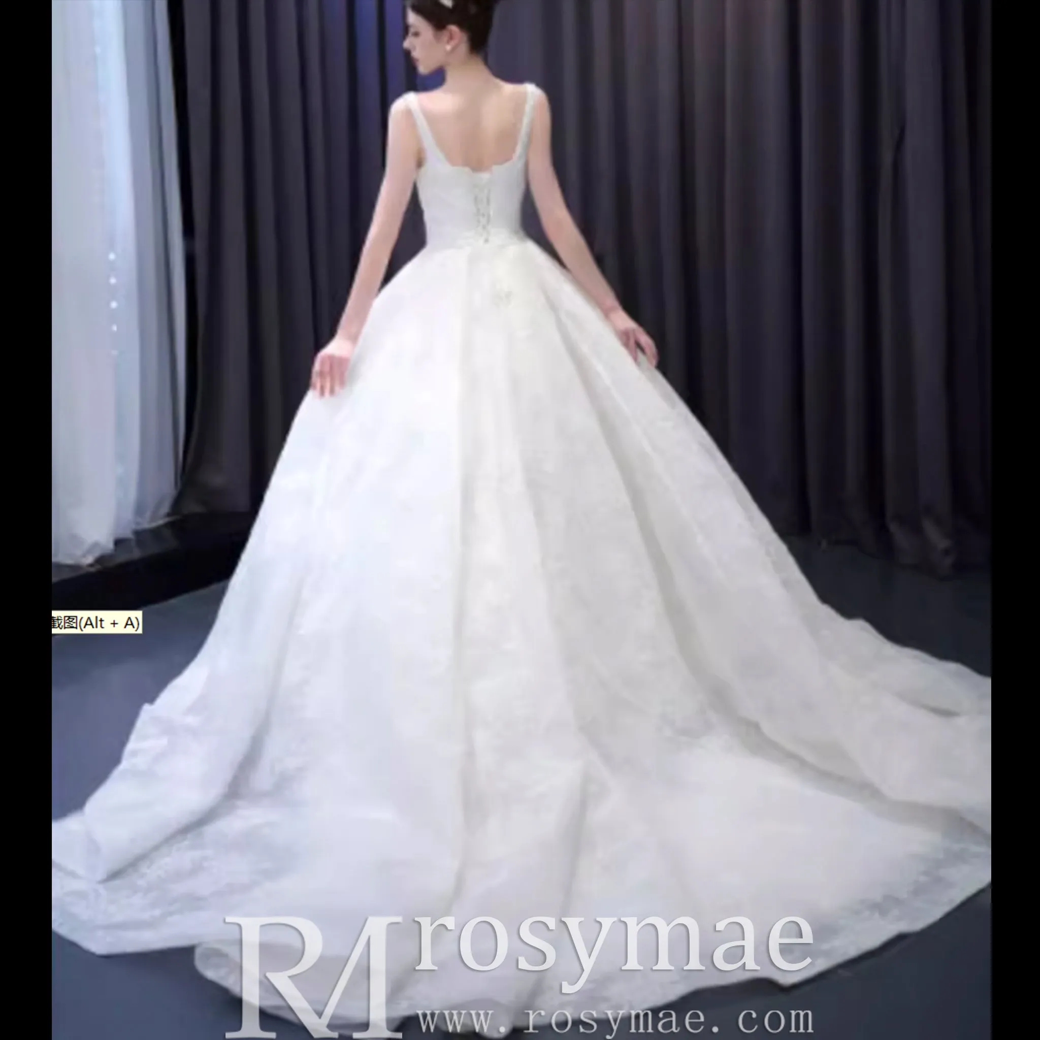 Embroidery Lace Square Neck Ball Gown Wedding Dress with Wide Strap