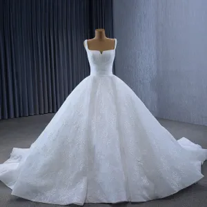 Embroidery Lace Square Neck Ball Gown Wedding Dress with Wide Strap