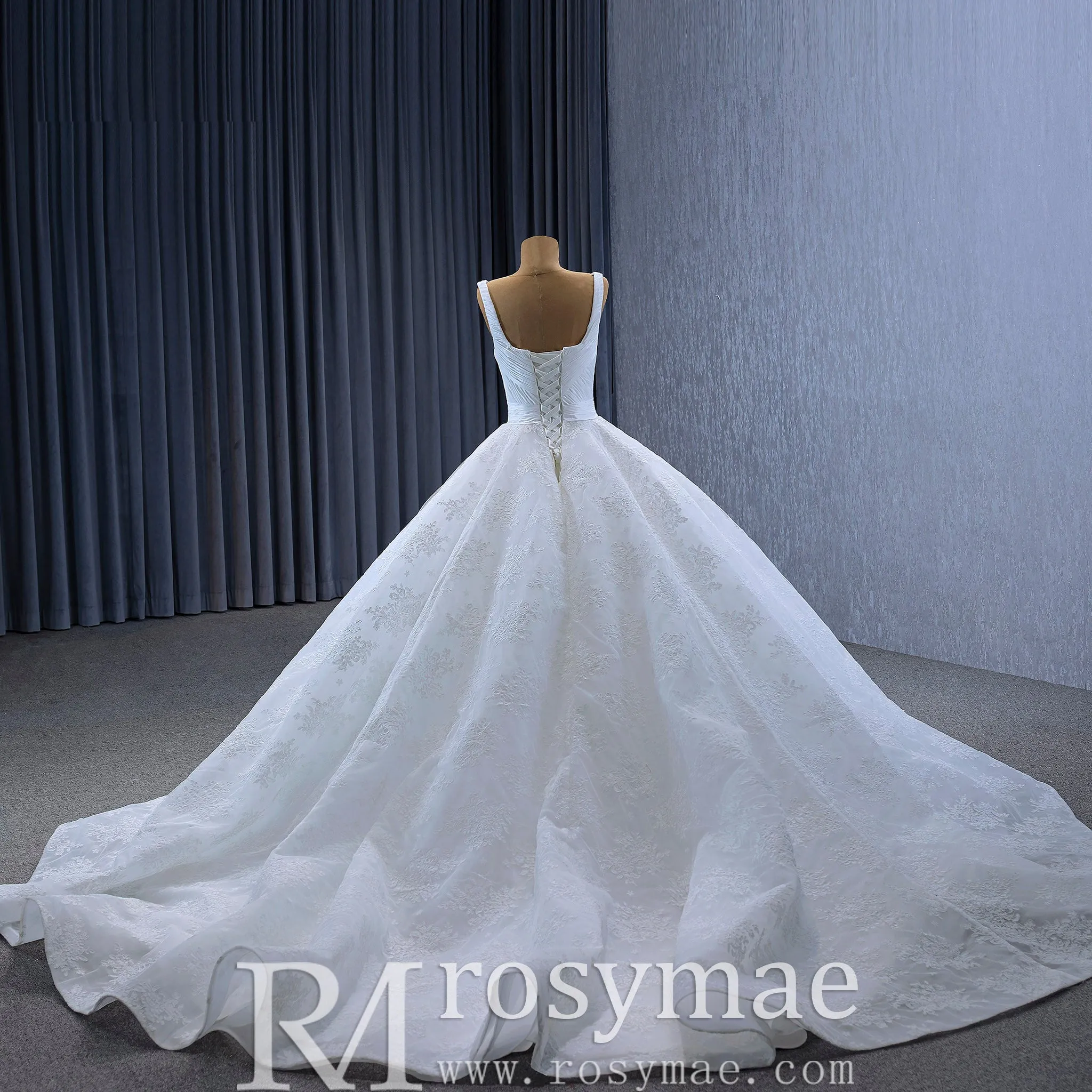 Embroidery Lace Square Neck Ball Gown Wedding Dress with Wide Strap