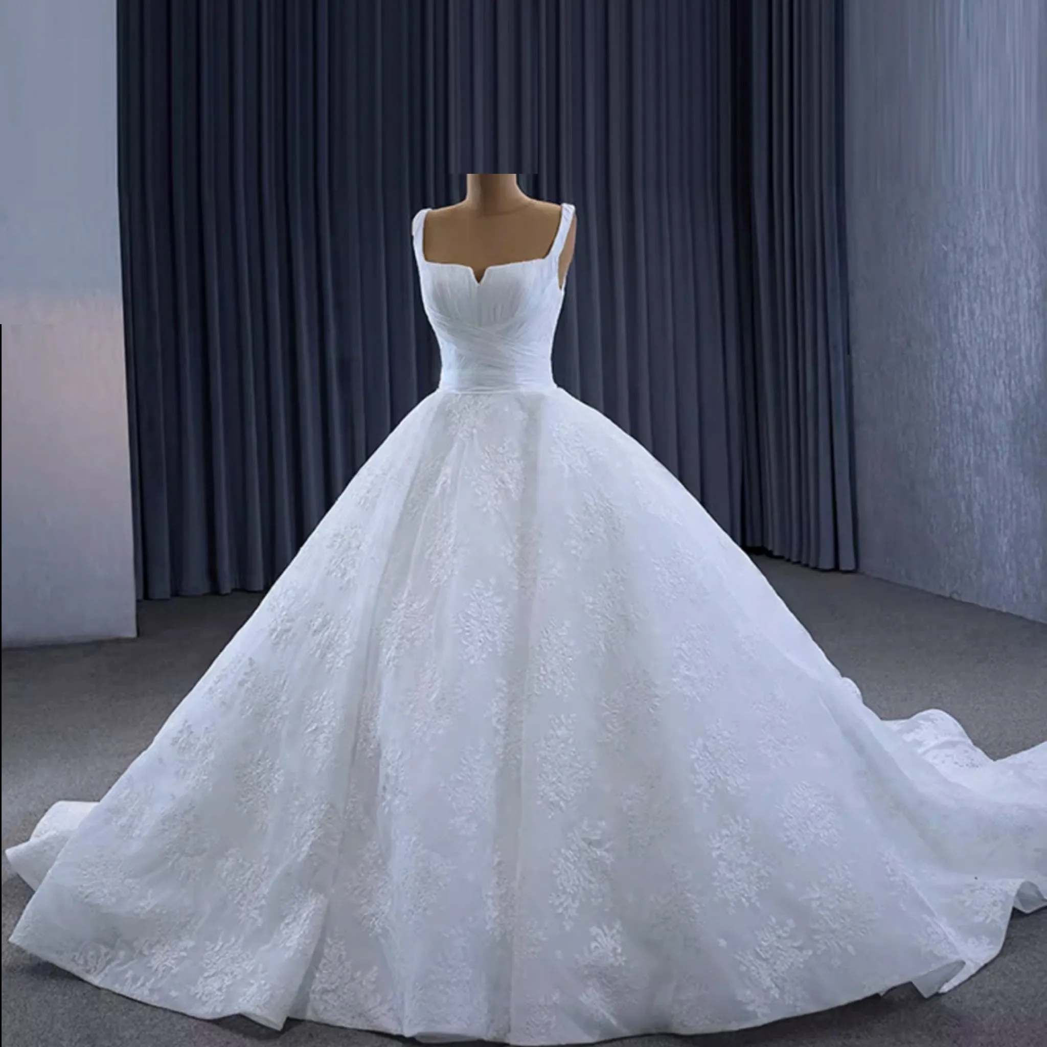 Embroidery Lace Square Neck Ball Gown Wedding Dress with Wide Strap