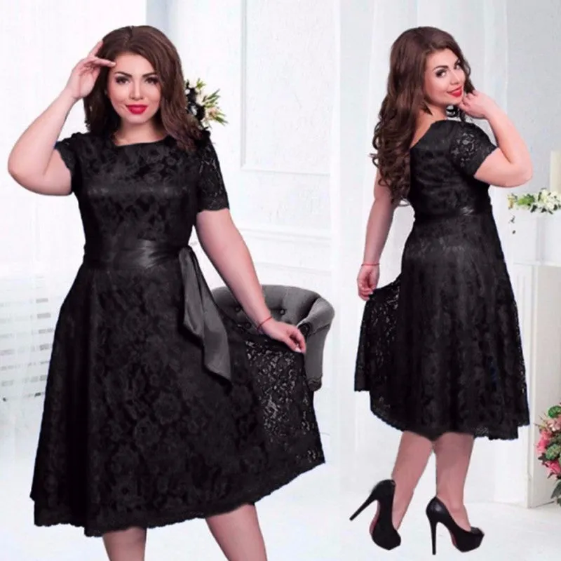 European Style Vintage Women Elegant Dress Fit and Flare Empire Lace Sashes Party Midi Dresses Plus Size