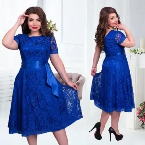 European Style Vintage Women Elegant Dress Fit and Flare Empire Lace Sashes Party Midi Dresses Plus Size