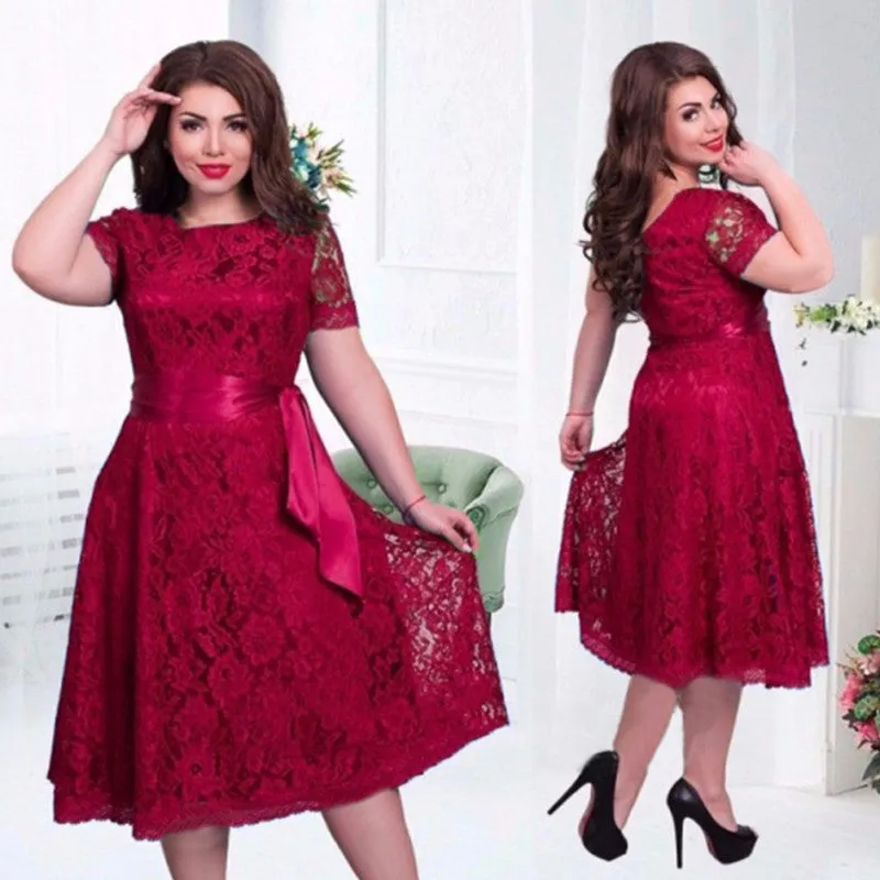 European Style Vintage Women Elegant Dress Fit and Flare Empire Lace Sashes Party Midi Dresses Plus Size