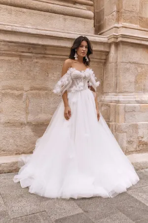 Exquisite Bride Dresses Off The Shoulder 3D Flower Pleat Corset Wedding Dresses Boho A Line Tulle Bridal Gown