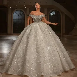 Exquisite Off-the-Shoulder Beaded Wedding Dress with Shiny Rhinestones – Custom Lace-Up Ball Gown for Brides
