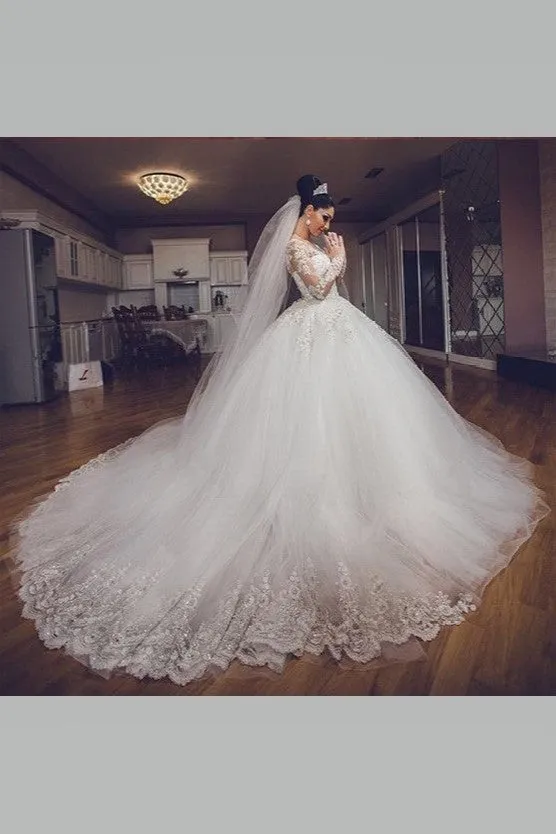 Eye-catching Bride Ball Gown Wedding Dresses Lace Long Sleeves