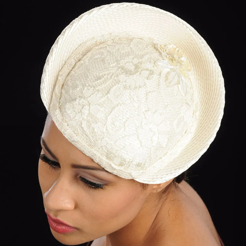 F6008-Off White Cream straw fasinator with lace fabric