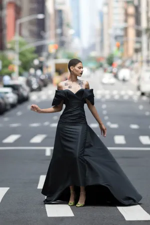 Faille Gown With Column Train Skirt And Starburst Crystal Embroidery With Petal Drape