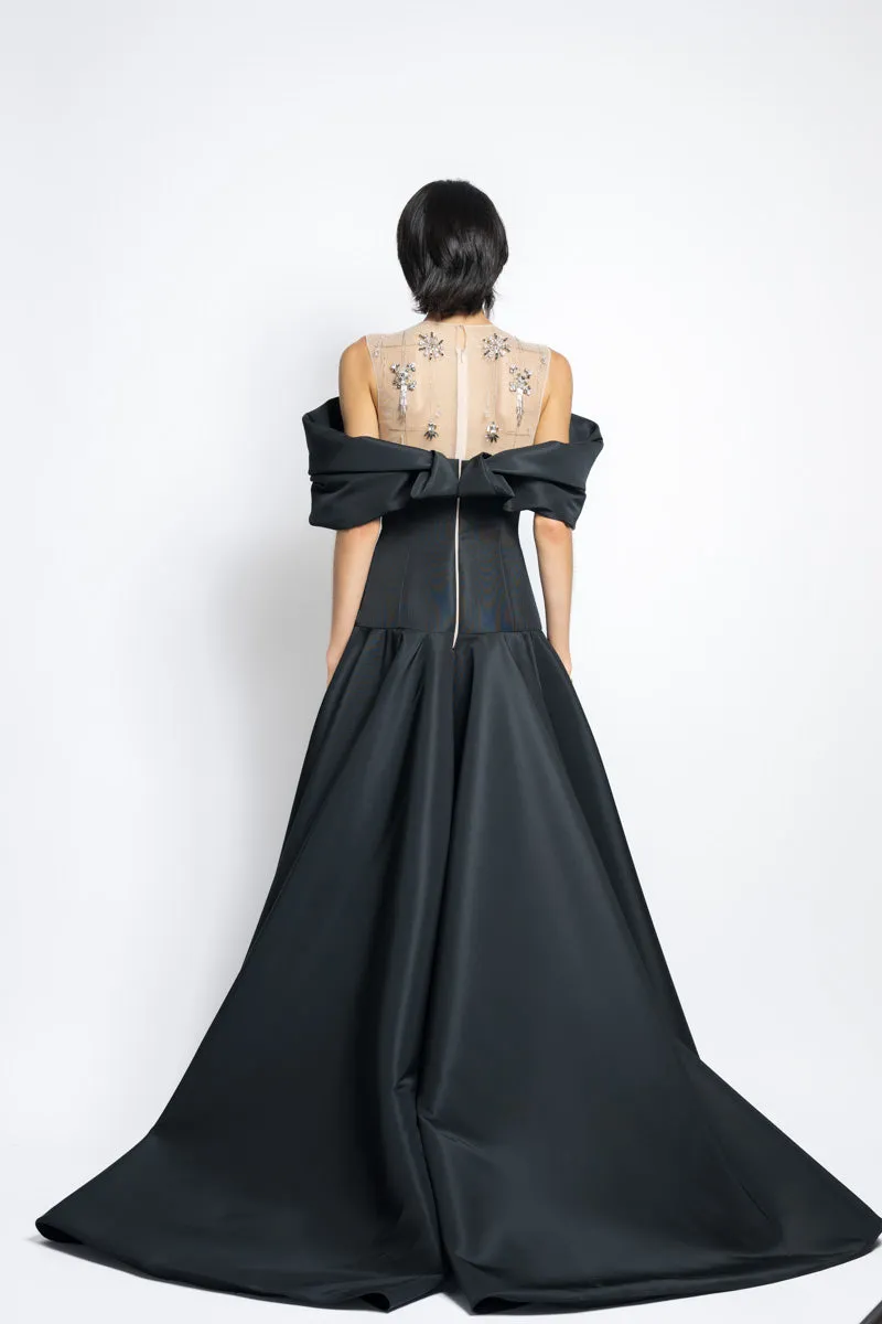 Faille Gown With Column Train Skirt And Starburst Crystal Embroidery With Petal Drape