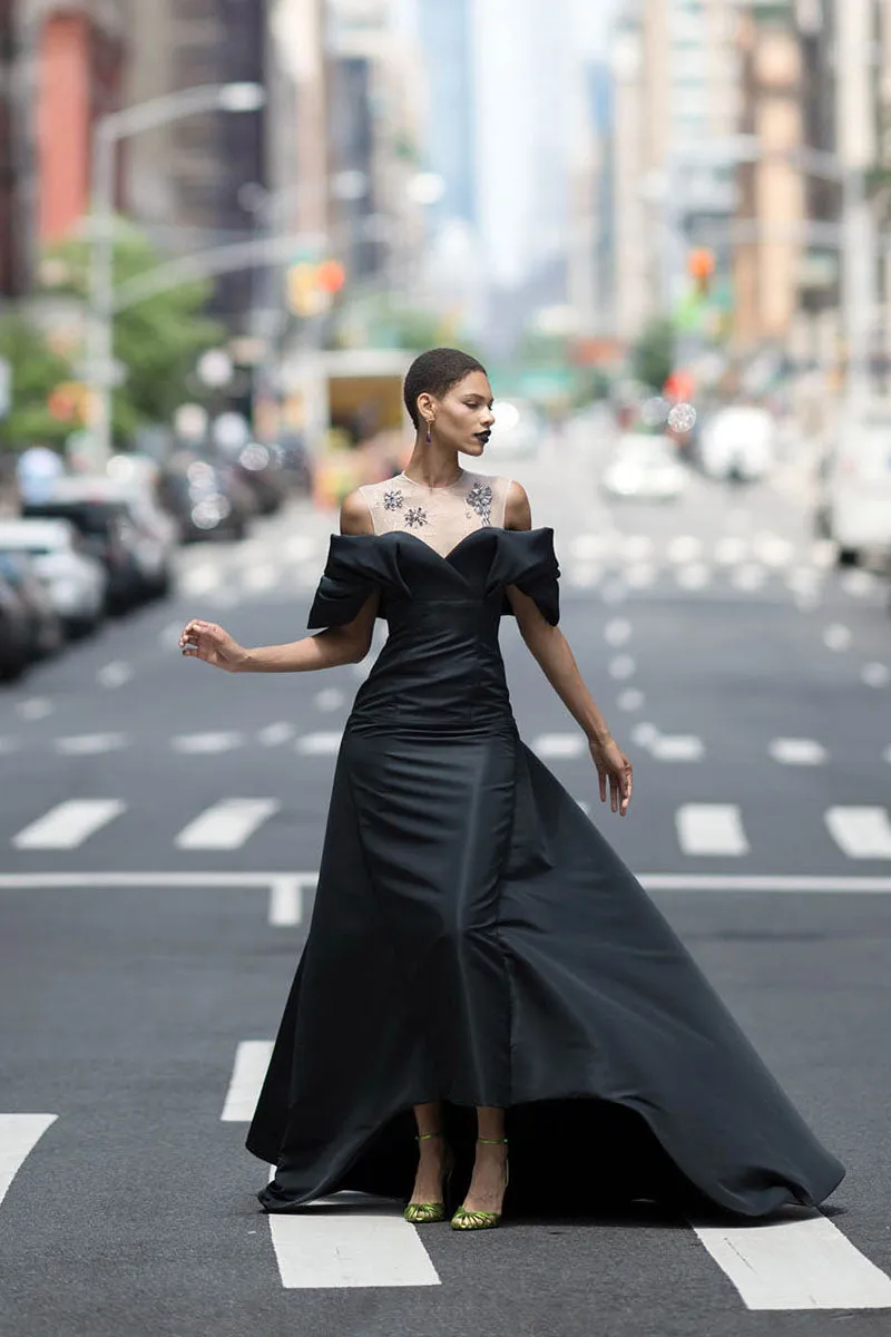Faille Gown With Column Train Skirt And Starburst Crystal Embroidery With Petal Drape