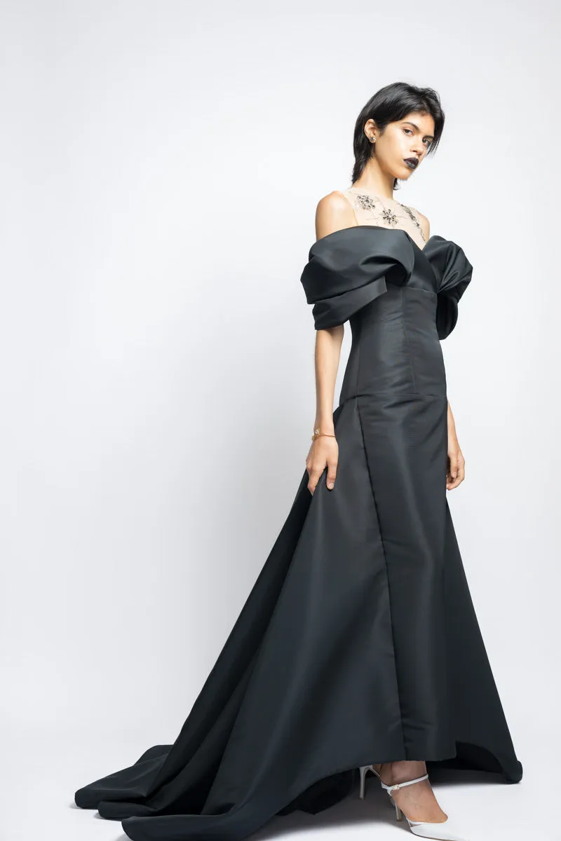 Faille Gown With Column Train Skirt And Starburst Crystal Embroidery With Petal Drape
